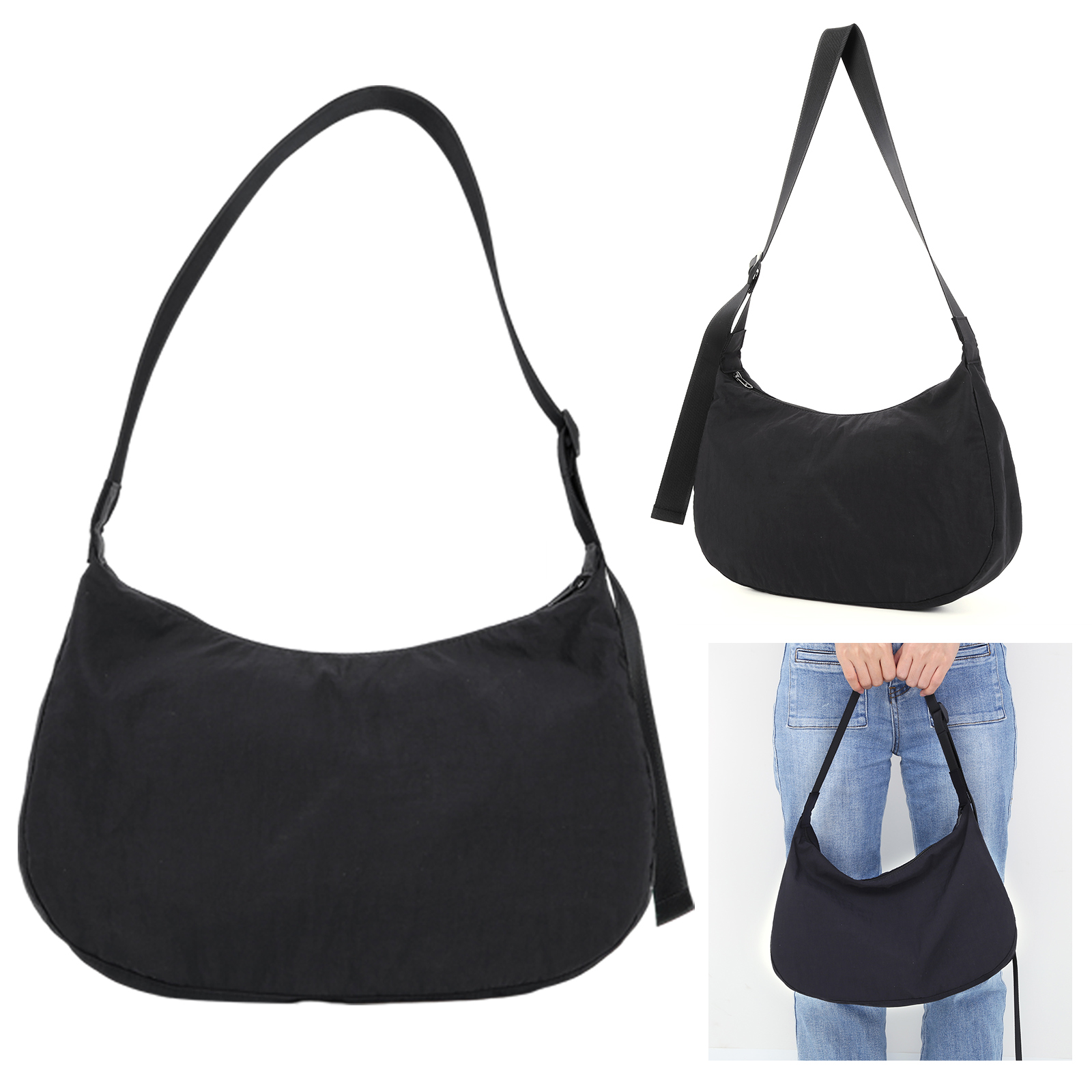 Half Moon Crescent - Dames nylon schoudertas met ritssluiting, halvemaanvormige